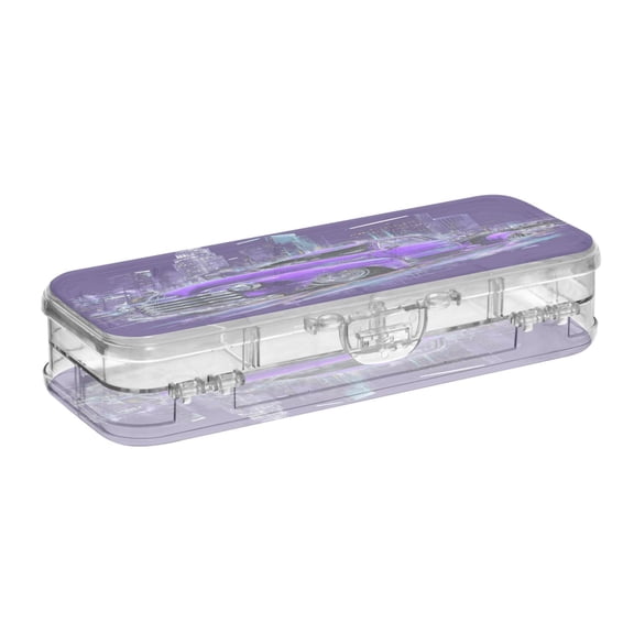 VZAYYK Double Layer Transparent Clear PET Pen Case with Detachable Dividers Vintage Purple Truck City Glow Snap Closure Pencil Box for Study Office Travel
