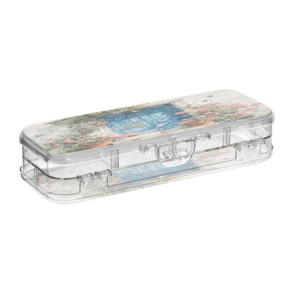 VZAYYK Double Layer Transparent Clear PET Pen Case with Detachable Dividers Blue Door with Pink Roses Snap Closure Pencil Box for Study Office Travel