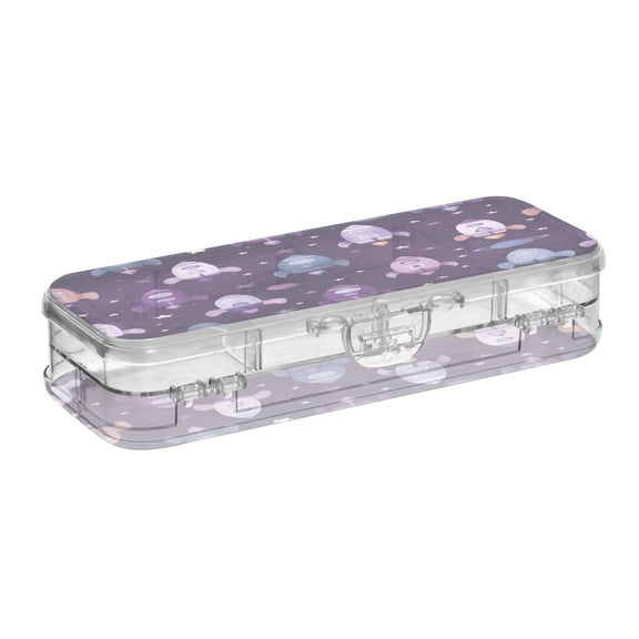 VZAYYK Double Layer Transparent Clear PET Pen Case with Detachable Dividers Cute Space Rocket Pattern Snap Closure Pencil Box for Study Office Travel