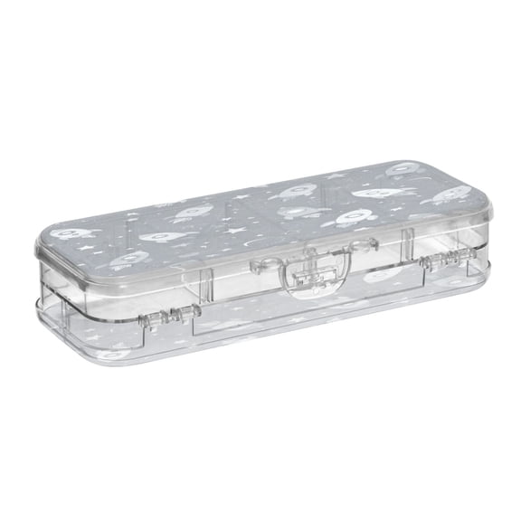 VZAYYK Double Layer Transparent Clear PET Pen Case with Detachable Dividers Grey Space Rocket Print Snap Closure Pencil Box for Study Office Travel