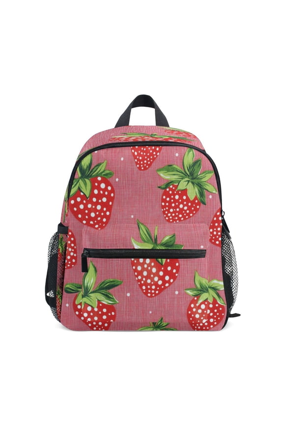 Toddler Backpack Pink Linen Strawberry Print Daycare Travel Bag with Multiple Pockets Safety Whistle for 3-8 Years Old