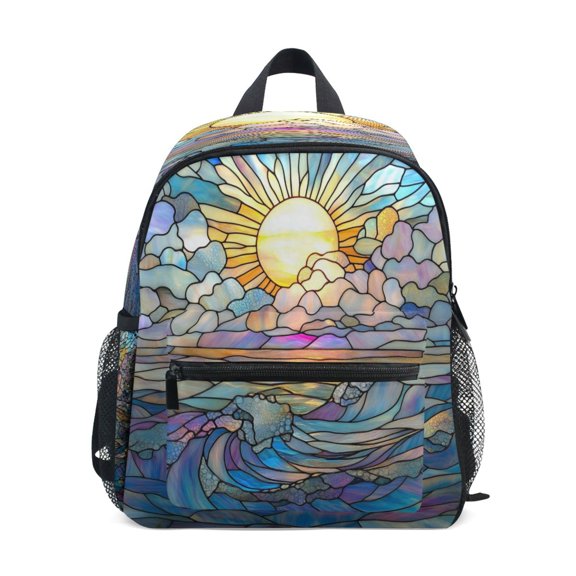 VZAYYK Toddler Backpack Stained Glass Sea Sunrise Daycare Travel Bag with Multiple Pockets Safety Whistle for 3-8 Years Old