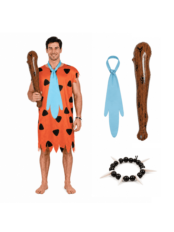 Adult Caveman Costume Set for Men, Stone Age Tunic with Club and Necklace for Halloween Cosplay Party