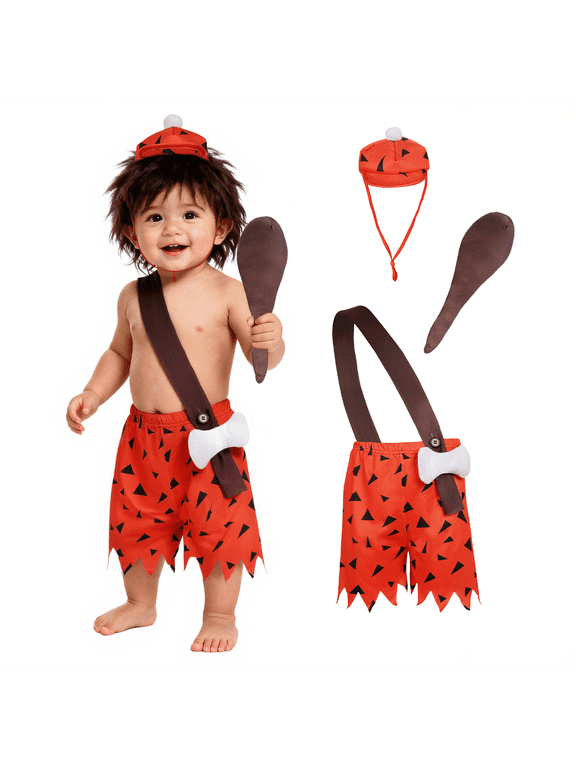 Baby Caveman Costume Set, Toddler Flintstone Style Halloween Outfit with Hat Club Pants and Bone Accessory for Boys Girls