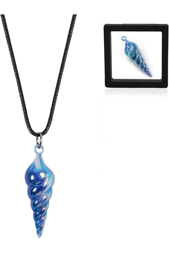 Blue Glass Conch Shell Pendant Necklace, Mermaid Inspired Fantasy Jewelry on Black Cord for Cosplay, Gifts, Dress Up