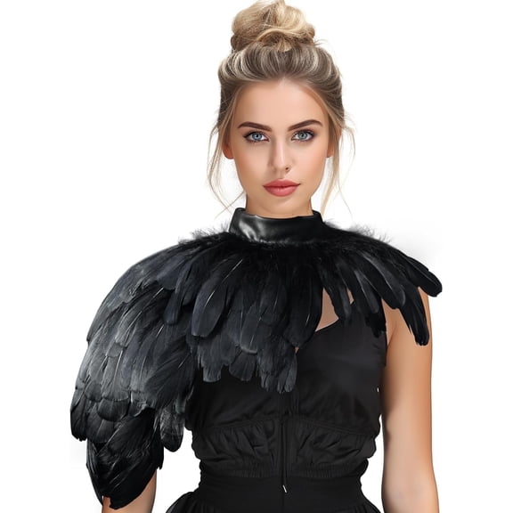 VZQI Feather Cape Shawl Costume Black Witch Wings Collar Adult Crow Neck