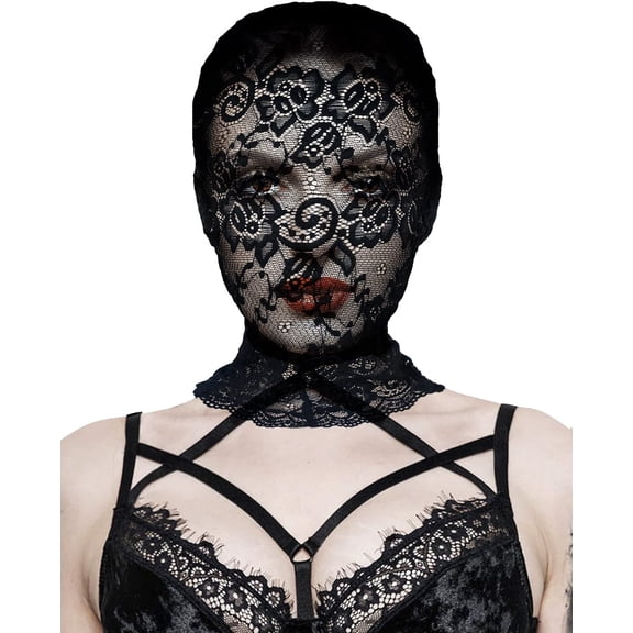 VZQI Full Face Lace Mask for Adults, Gothic Stretch Spandex Cosplay Face Cover for Halloween Party Club Costume