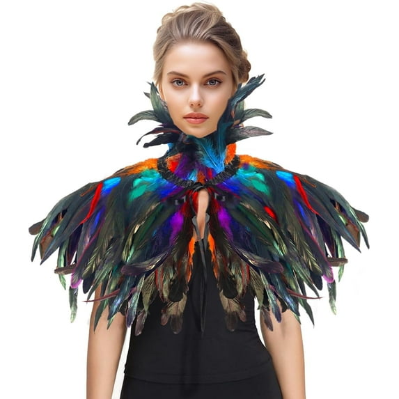 VZQI Handmade Natural Feather Cape – Adjustable Satin Ribbon & Luxurious Layered Design for Club Parties, Dance Events & Festive Celebrations