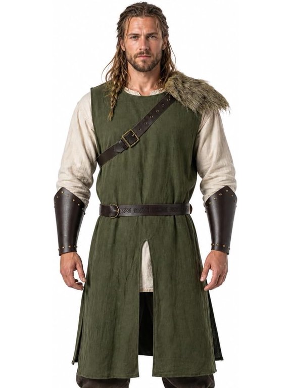 Medieval Sleeveless Tunic Set with Fur-Look Shawl, Belt and Bracers