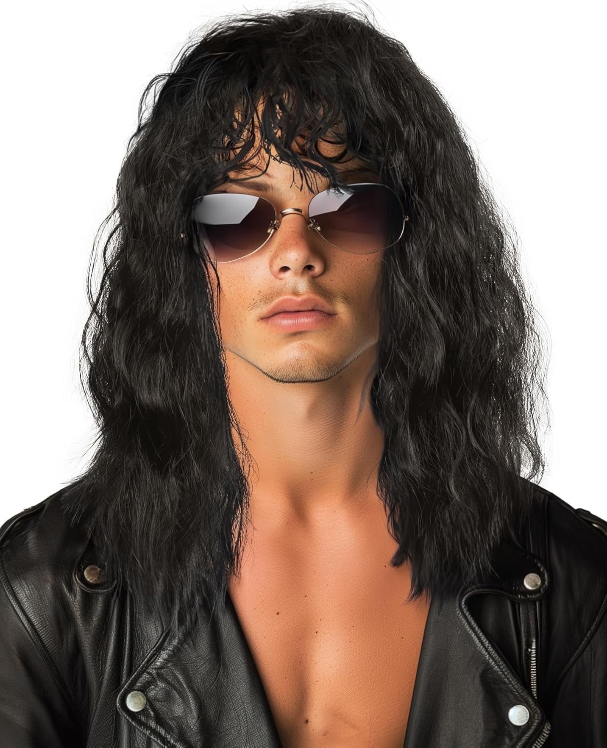 Men’s 80s Wig Black Long Curly Wig Rocker Halloween Costume Wig ...