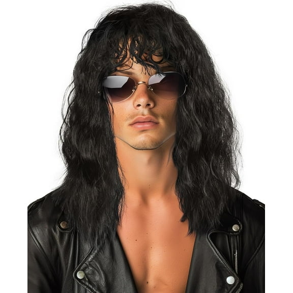 Mens 80s Wig Black Long Curly Wig Rocker Halloween Costume Wig