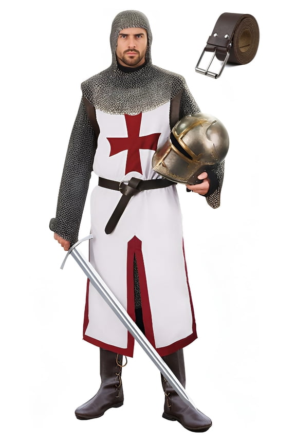Men's Medieval Crusader Costume Set, Knights Templar Tunic with Belt for Halloween Renaissance Cosplay