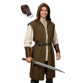VZQI Men's Medieval Hooded Surcoat Renaissance Tabard Sleeveless Tunic Cloak, Viking LARP Assassin Halloween Cosplay Costume