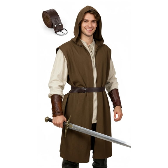 VZQI Men's Medieval Hooded Surcoat Renaissance Tabard Sleeveless Tunic Cloak, Viking LARP Assassin Halloween Cosplay Costume
