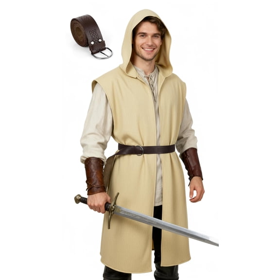 VZQI Men's Medieval Hooded Surcoat Renaissance Tabard Sleeveless Tunic Cloak, Viking LARP Assassin Halloween Cosplay Costume