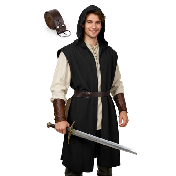 VZQI Men's Medieval Hooded Surcoat Renaissance Tabard Sleeveless Tunic Cloak, Viking LARP Assassin Halloween Cosplay Costume