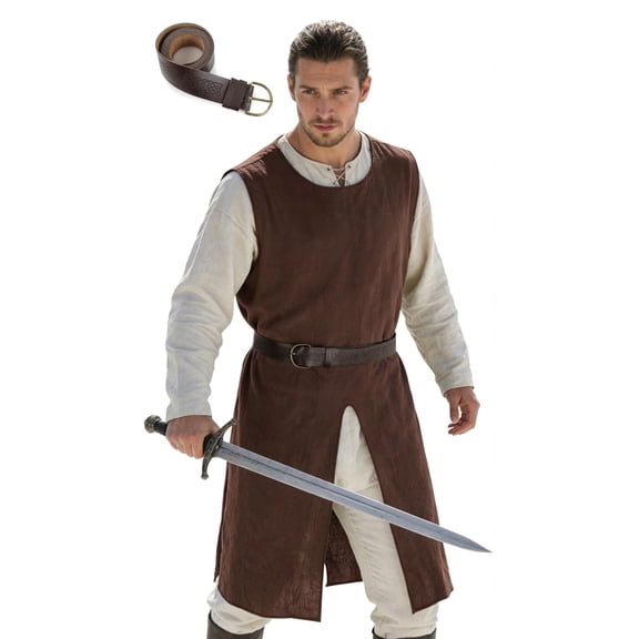 VZQI Men’s Medieval Sleeveless Tunic with Belt, Renaissance Viking Knight Costume Top for Halloween Cosplay LARP