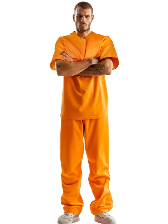Prisoner Costume Men Inmate Costume Short Sleeve Tops and Pant Set Jail Costume Halloween Orange Prison Jumpsuit