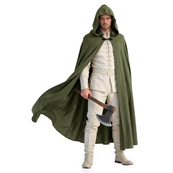 VZQI Renaissance Hooded Cloak for Adults, Faux Linen Medieval Cape with Hood, Unisex Costume Cloak for Cosplay, Halloween, Renaissance Fair