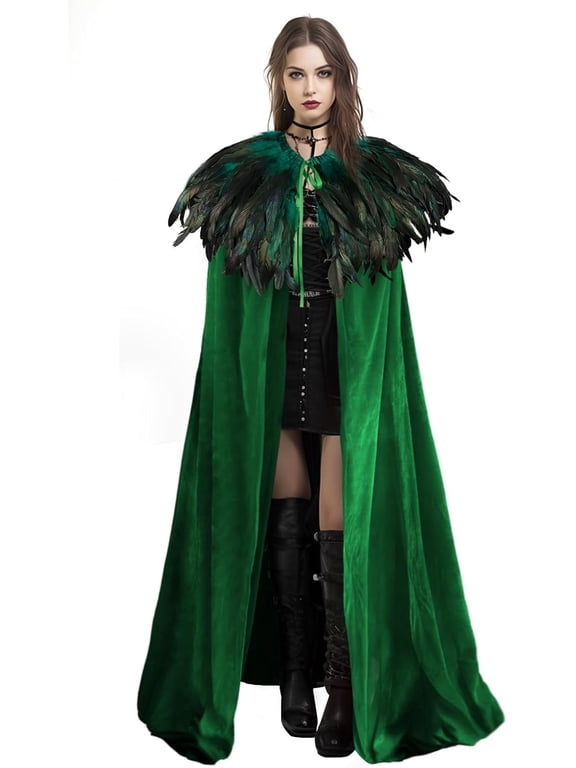 Unisex Solid Color Velvet Adult Cape with Real Natural Gothic Feather Cloak