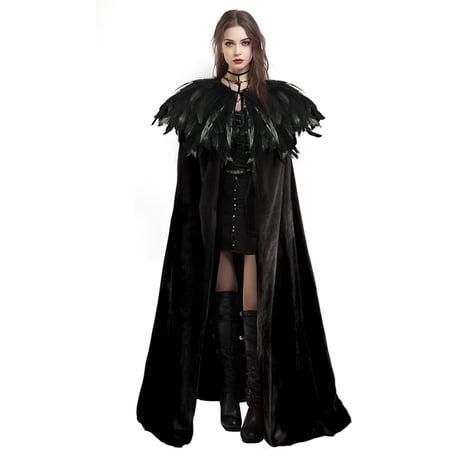 VZQI Unisex Solid Color Velvet Adult Cape with Real Natural Gothic Feather Cloak