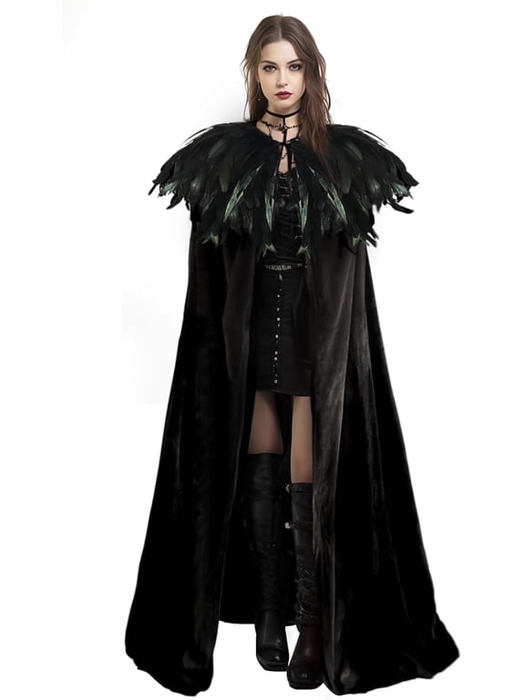 Unisex Solid Color Velvet Adult Cape with Real Natural Gothic Feather Cloak
