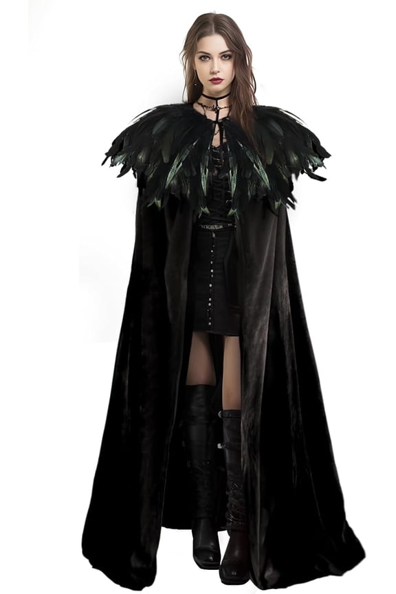 Unisex Solid Color Velvet Adult Cape with Real Natural Gothic Feather Cloak