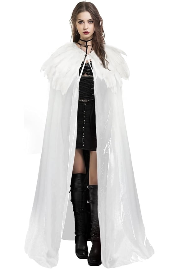 Unisex Solid Color Velvet Adult Cape with Real Natural Gothic Feather Cloak
