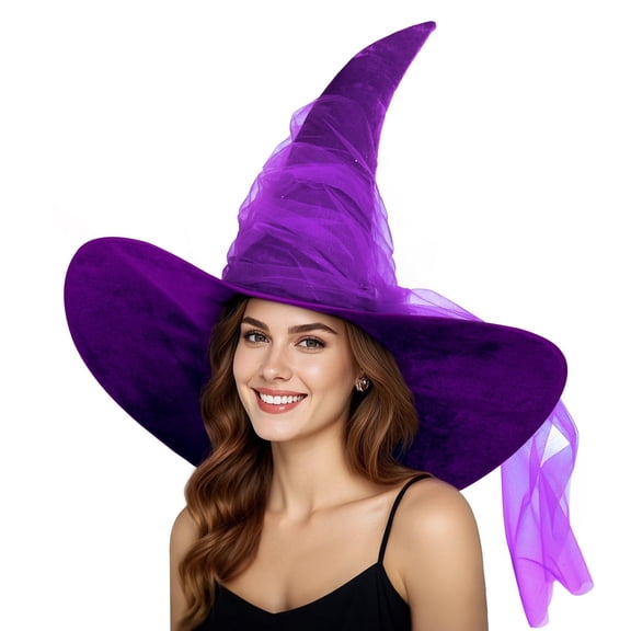 Witch Hat Adult Halloween Costume Accessories with Sparkling Tulle (1)