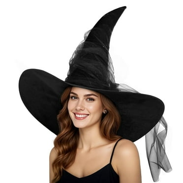 Witch Hat Adult Halloween Costume Accessories with Sparkling Tulle (1)