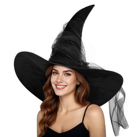 Witch Hat Adult Halloween Costume Accessories with Sparkling Tulle (1)