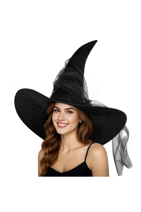 Witch Hat Adult Halloween Costume Accessories with Sparkling Tulle (1)