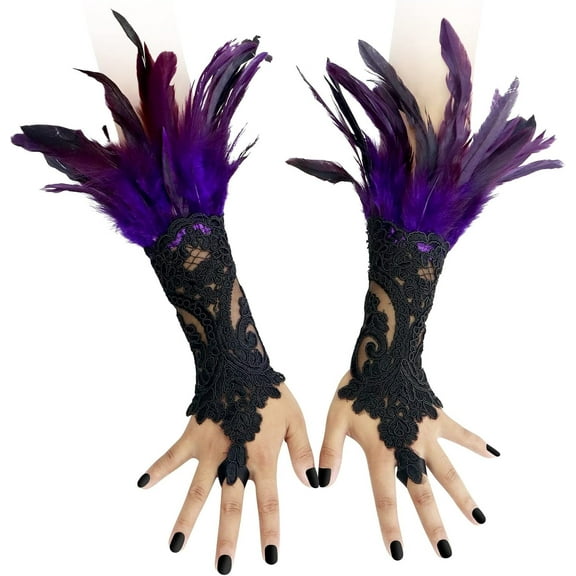VZQI Women Black Lace Feather Gloves Witch Angel Costume Accessories Swan Wings Wrist Bands