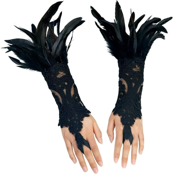 VZQI Women Black Lace Feather Gloves Witch Angel Costume Accessories Swan Wings Wrist Bands