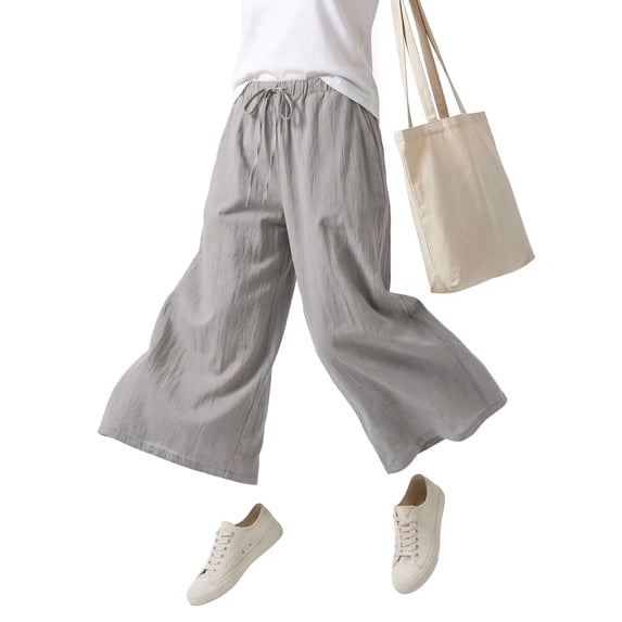 VZQI Women's Linen Blend Palazzo Pants High-Waist Wide Leg with Pockets & Drawstring for Beach Yoga Travel