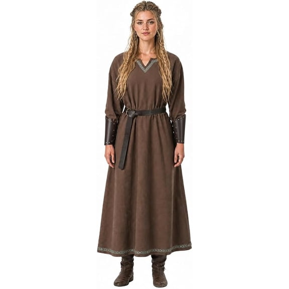 VZQI Women's Medieval Viking Dress Costume with V-Neck, Belt & Bracers