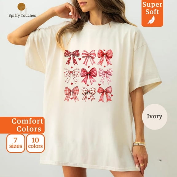 VaL1entine Bows T Shirt, Cute Red Bows Shirt, Love Heart C1omfort Colors T1EE, H1oliday Bow T-Shirt, VaL1entines Gift For Her, Sweetheart