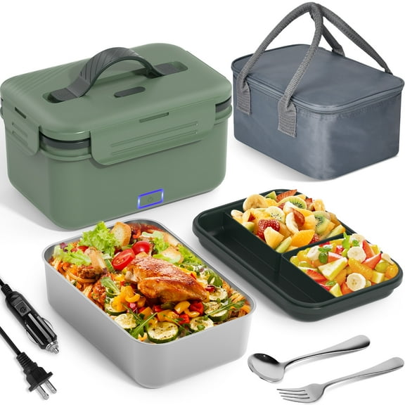 Vabaso Electric Heated Lunch Box 1.8L, 100W Portable Food Warmer - 12V/24V/110V/220V, Stainless Steel, Leakproof - Car, Truck, Work, Travel, Home