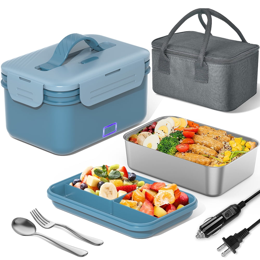 Vabaso Electric Lunch Box Food Heater, 1.8L/61oz Heated for Adults Car/Truck Home/Work, 60/80/100W Warmer Heating with Removable Stainless Steel Container, 12V/24V/110V220V Blue