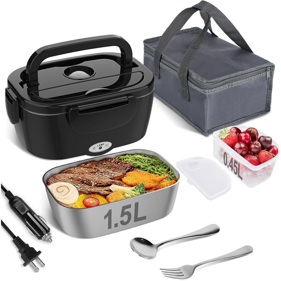 Vabaso Electric Lunch Box for Adults: 80W Fast Heating & Universal 110V/12V/24V. Portable 1.5L 304 Stainless Steel Food Warmer for Work, Car & Truck.