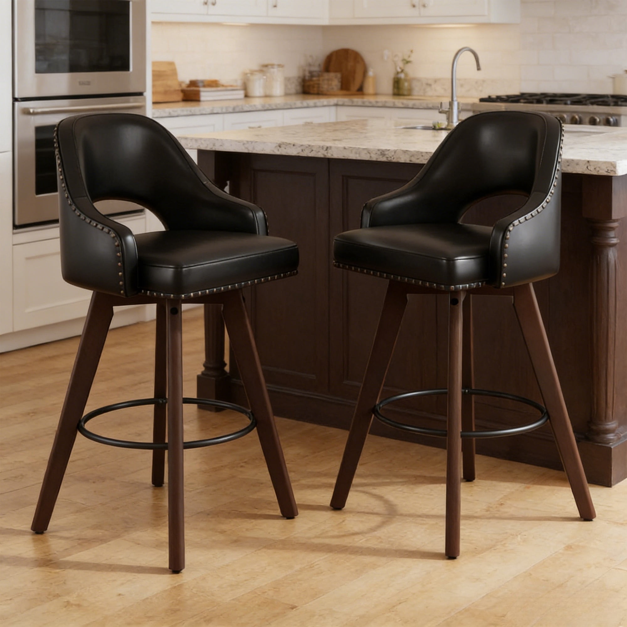 Vabches 24" Swivel Bar Stools Set of 2, Modern Counter Height Bar Chair with PU Leather and Wood Legs for Kitchen Island, Pub Chair with Solid Wood Legs for Kitchen Island Dining Room Pub Counter