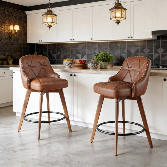 Vabches 26" Swivel Bar Stools Set of 2, Kitchen Island Height Adjustable Bar Stools with Backrest, Modern PU Leather Upholstered Dining Chairs for Kitchen Island, Cafe, Dining Room, Bar