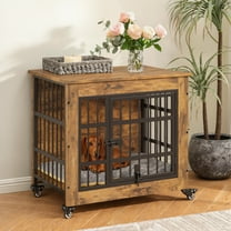 Vabches 27.1" Dog Crate Furniture for Middle Dogs, Dog Kennel Furniture Indoor with Cushion and Wheels, Wood and Metal, Rustic Brown