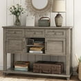 thumbnail image 1 of Vabches 3-Tier Wood Condole Table with 3 Drawers and Shelves, 47" Narrow Long Sofa Entryway Table with Sliding Barn Door Storage Cabinets, Washed Grey, 1 of 9