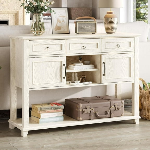 Vabches 3-Tier Wood Condole Table with 3 Drawers and Shelves, 47" Narrow Long Sofa Entryway Table with Sliding Barn Door Storage Cabinets