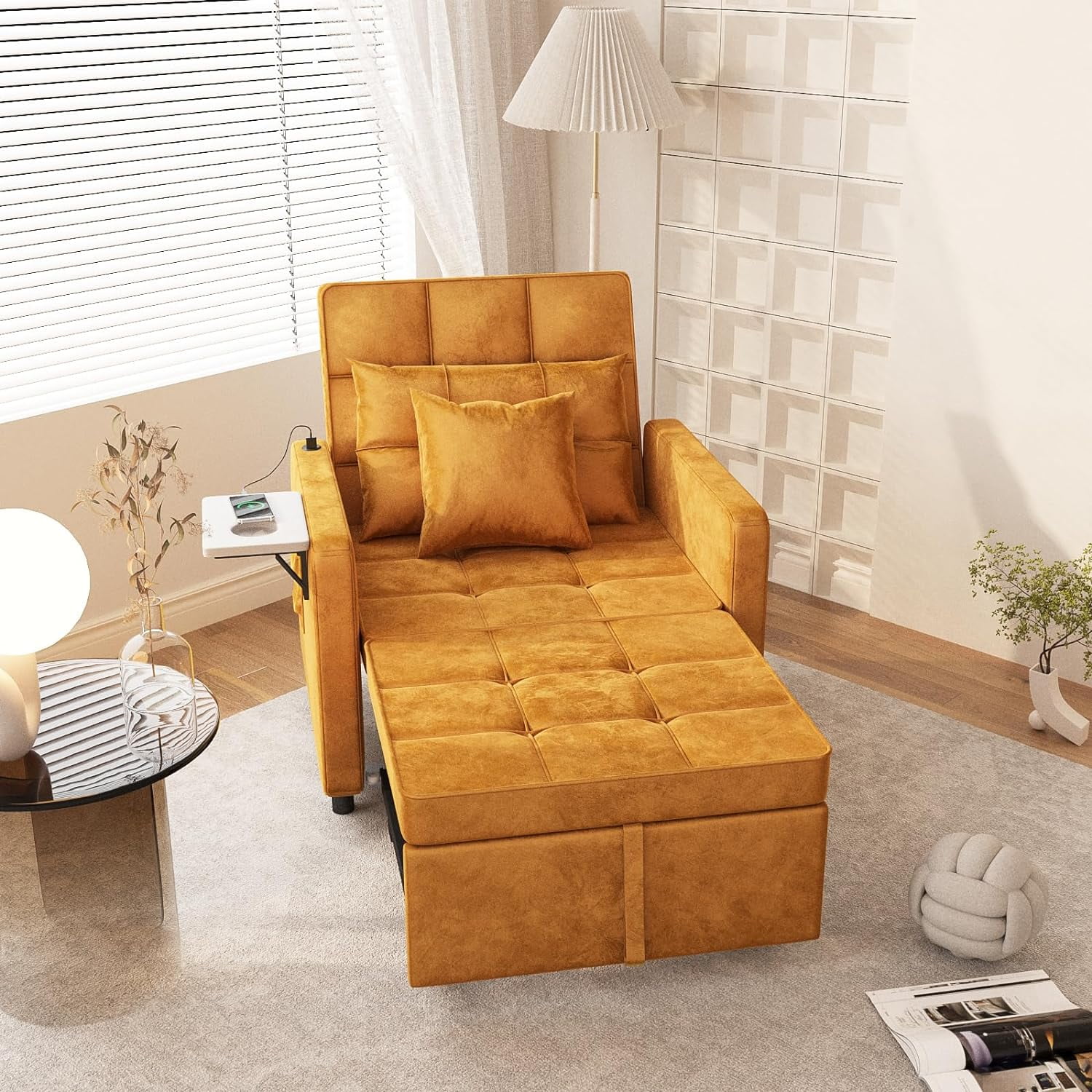 Yellow Velvet Convertible Recliner Sofa Bed with USB Port