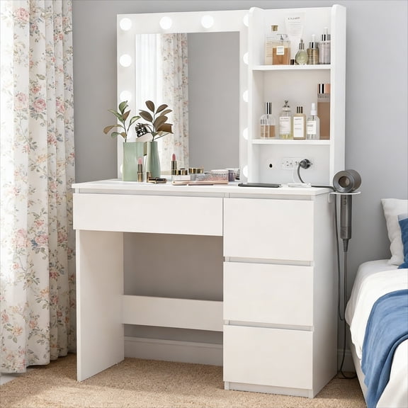 Vabches 37"W Modern Vanity Set with Lights and Mirror, Makeup Vanity Table with 4 Drawers and Charging Station, 3 Lighting Colors, White