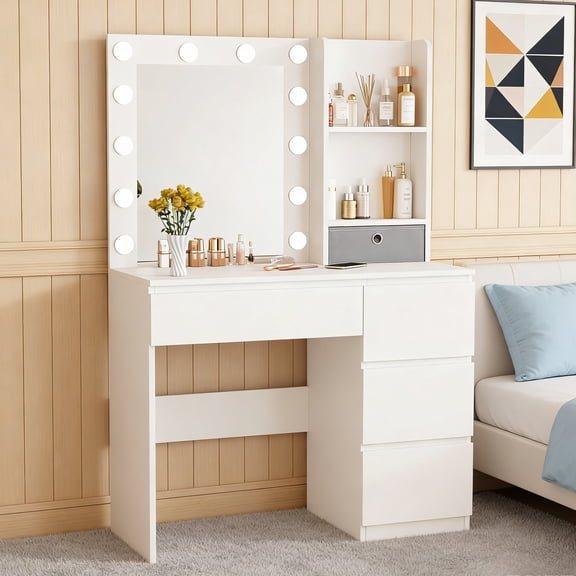 Vabches 37"W Vanity Set with Lights and Mirror, Makeup Vanity Table with 4 Drawers and Charging Station & Stool, 3 Lighting Colors, White