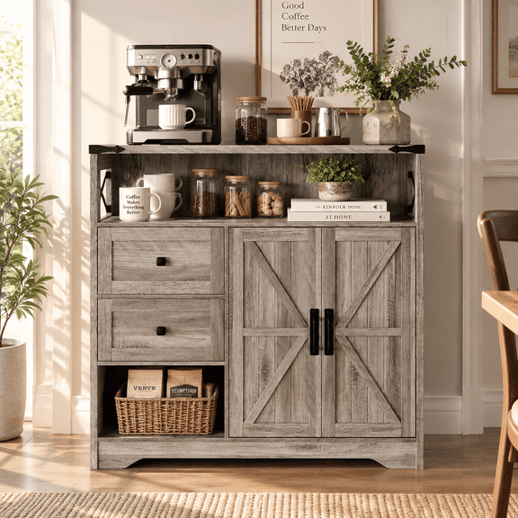 Vabches 38” Farmhouse Kitchen Storage Sideboard Buffet Cabinet 2 Drawers & Adjustable Shelves, Coffee Bar Cabinet for Dining Room, Living Room, Entryway, Grey