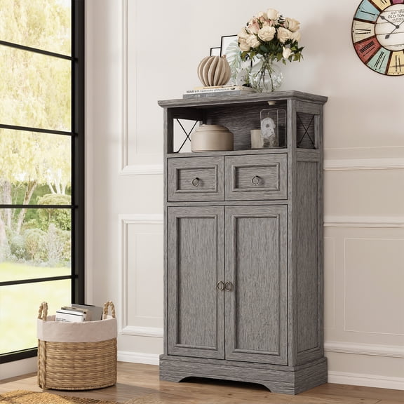 Vabches 42.72"H Kitchen Pantry Storage Cabinet with 2 Drawers & 2 Doors, Vintage Floor Cabinet with Adjustable Shelves and Open Shelves for Kitchen,Living Room,Home Office